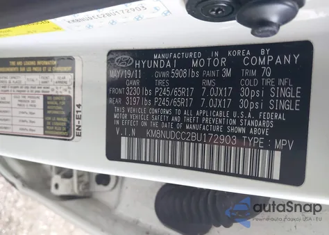 2011 Hyundai Veracruz Gls из США, поврежденный, VIN KM8NUDCC2BU172903